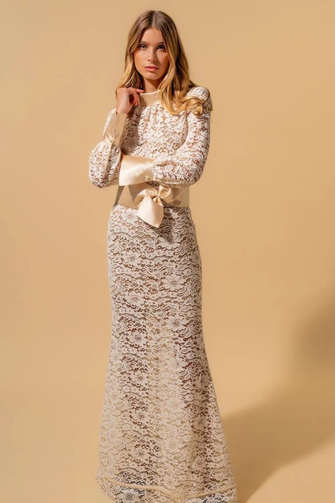 EDWARD ACHOUR VESTIDO DE RENDA BEGE