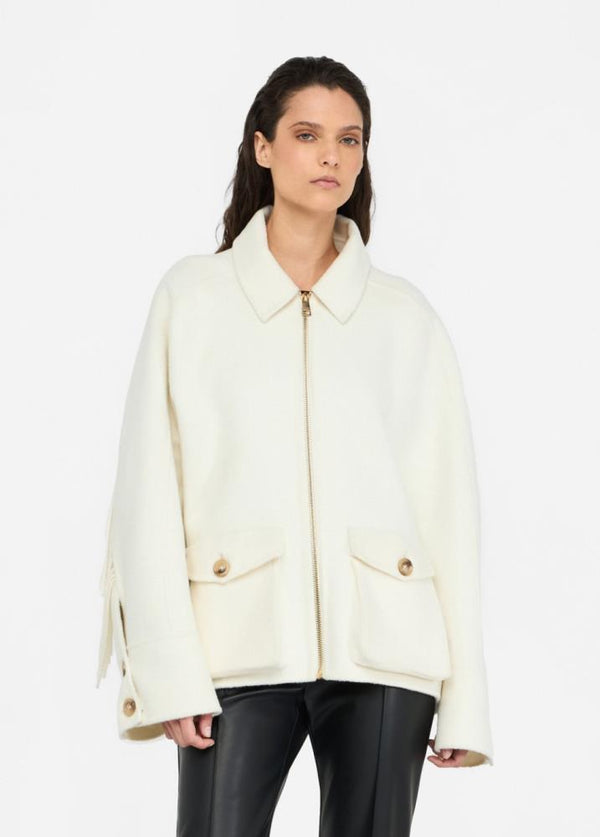 LIU.JO CASACO DE LÃ BRANCO COM FRANJAS