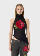 BLUMARINE TOP DE TULE COM FLÔR EM LANTEJOULAS