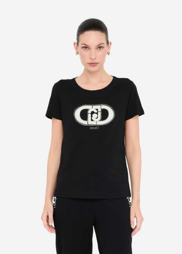 LIU.JO T-SHIRT PRETA COM LOGO PEROLAS