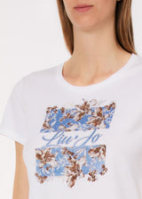 LIU.JO T-SHIRT COM ESTAMPA FLORAL E STRASS AZUL