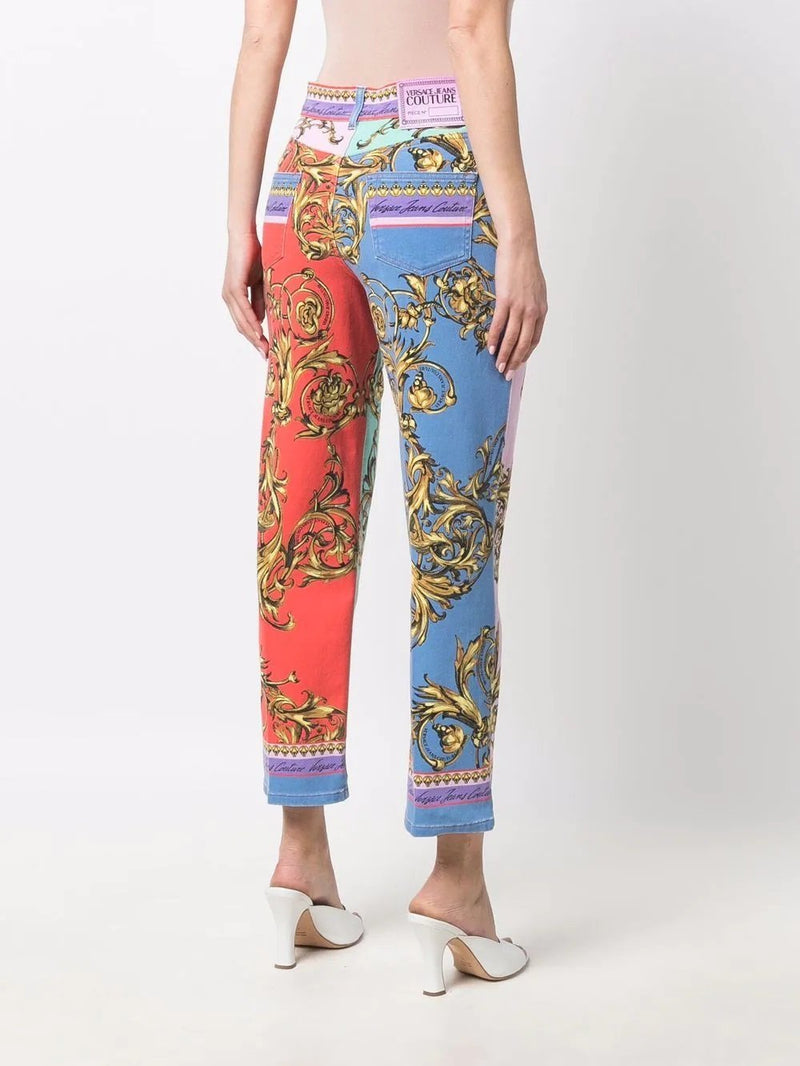 VERSACE JEANS COUTURE BAROQUE PATTERN PRINT CROPPED JEANS